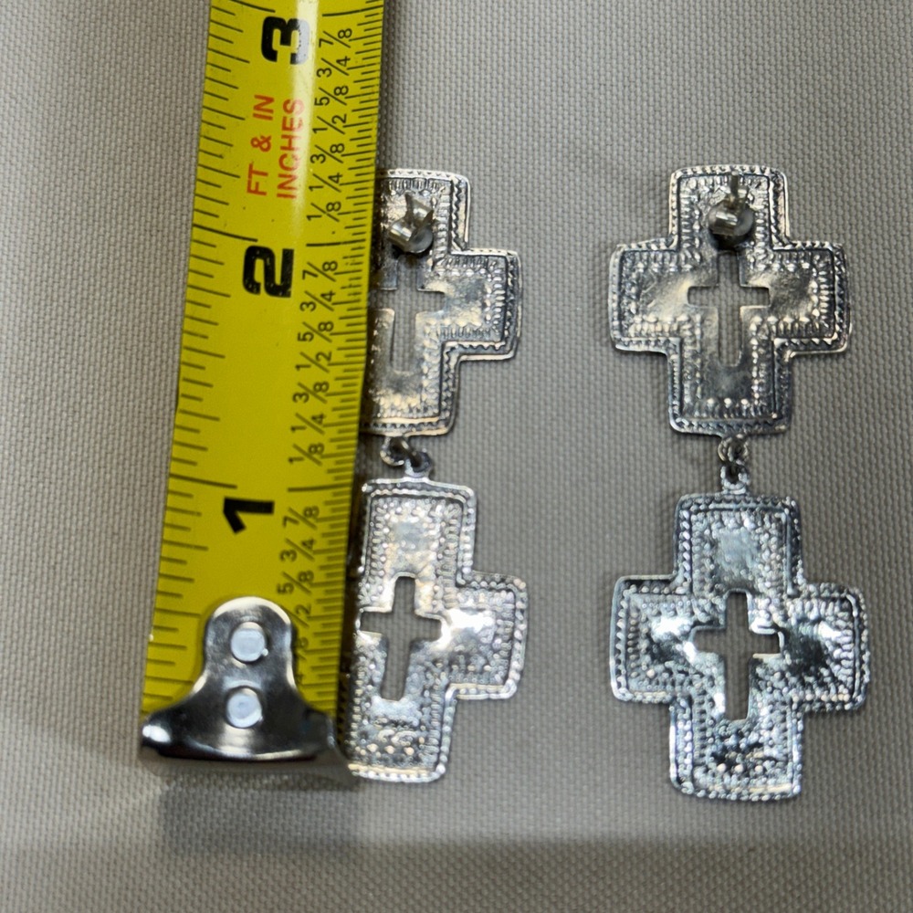 Sterling Silver 925 Thailand Double Cross Dangle Drop Earrings Stamped Etched - Picture 3 of 9